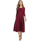 Women Round Neck Shirt Half Sleeve Solid Long Skirt Color Wide Hem