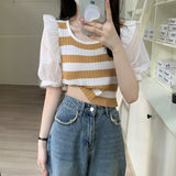 Fongt Bump Striped Short-Sleeved Knitted Shirt Women's Thin Summer Design Sense Of Small Unique Special Loose