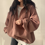 Solid Color Half Zip Up Oversized Hoodie-Outfit