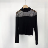Fongt Show Thin Temperament Mesh Hollow Out Black Bottom Shirt Women's New Slim Half High Collar With Long-Sleeved T-Shirt-Outfit