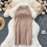 Fongt Solid Color Skirt Winter With Sweater High Waist Thin Temperament Open Elastic Knitted Hip Long Skirt
