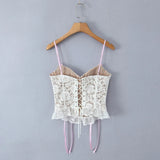 White Lace Pink Bow Strap Corset Top-Outfit