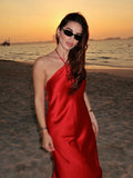 Red Satin Halter Maxi Dress-Outfit