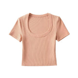 Trendy Women's Sexy Large U-Collar Short Navel Blouse Tight Solid Color Pullover Short-Sleeved T-Shirt-Outfit