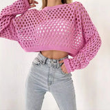 Fongt Spring And Summer New Knitted Shirt Horn Sleeve Loose Round Collar Hollow Sweater Woman