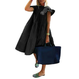 Neck Ruffled Short Sleeve Large Hem A Line Midi