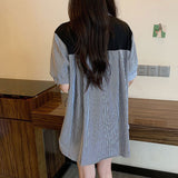 Lady Patchwork Striped Loose Blouse Female Clothing Stylish Shirring Single-breasted Summer Korean All-match Midi Shirt-Outfit