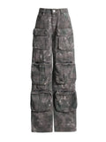 Fongt 2024 New Personality Street Trend Camouflage Multi-Pocket Design Loose Type Low Waist Cargo Pants-Outfit