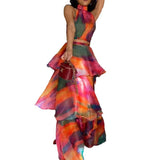 Fongt Fashion Hanging Neck Tie Dye Design Fluffy Cake Dress In Autumn 2025