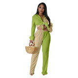 Loose Casual Women's Set Colored Toothpick Cloth Striped Long Sleeve Shirt Top Elastic Straight Leg Pants 2 Piece Set-Outfit