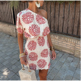 Summer Print Single Shoulder Pleated Back Short Sleeve Slim Holiday Seaside Mini Dress-Outfit