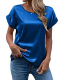 Women's Short-Sleeved Satin Shirt Loose Casual Round-Collar Satin T-Shirt Women's Spring / Summer 2024 New Style-Outfit