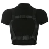 Gothic Sexy Women Basic Tshirt Short Sleeve Techwear O-Neck Tee Shirt Femme Summer Crop Tops With Buckle