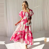 Fongt Spring And Summer Temperament Elegant Print Shoulder Bubble Sleeve Fashion Dress