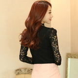 2023 Elegant Lace Crocheted Hollow Out Top Stand-up Collar White Blouse Woman Sweet Long Sleeve Shirts Blusas