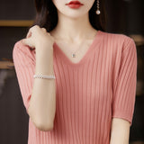 Fongt The Summer Of 2023, Women's Knit Short Sleeve Korean V-Neck Solid Color T-Shirt And A Pit Top-Outfit