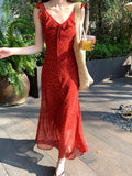 Fongt Xixi 2025 Summer New Korean Version Of High-Waisted Vacation Sling Dress V-Neck Print Pure Desire Skirt 88281