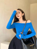 Slash Neck Tee Women's Slim Simple Off-shoulder Full Sleeve T-shirts Girl Solid Stretchy Tshirt Top-Outfit