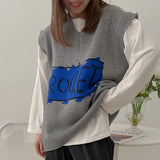 2021 New Spring Autumn Women Sweaters Sleeveless Vest Waistcoat England Style Knitting Oversized Print Tops