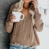 Fongt New Ladies Cardigan Hoodie Hoodie Zipper Broken Hole Irregular Loose Sweater Women's
