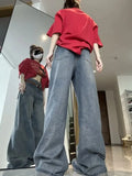and Autumn High Waist Women Wide Leg Jeans American Retro Loose Slim High Street Vibe Straight Floor-Mopping Pants-Outfit