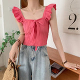 Fongt Care Machine Sling Women's Summer New Vest Solid Color Bow Tie With Short Lotus Leaf Tops
