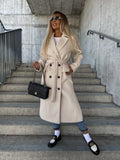 EABY Hot Autumn And Winter Simple Long Sleeve Lapel Button Open Fork Woolen Coat Woman-Outfit