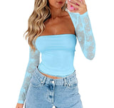 Women's New Sexy Perspective Lace Dress Two Sets Of Long-Sleeved Top T-Shirt Two