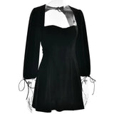Velvet Square Neck Puff Long Sleeve Mini Dress-Outfit