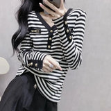 Striped Spring Autumn Long Sleeve Pullovers All-match Elegant V-Neck Female Clothing 2023 Button Patchwork Slim T-shirt-Outfit