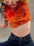 Patchwork Printed Mesh Long Sleeve Crop Top-Outfit