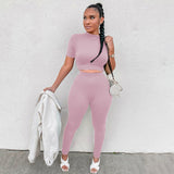 Fongt New Women's Casual Two-Piece Slim Short Sleeve Sports Suit-Outfit