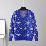 Women's Knitting Print Sweater Color Heart Single-Breasted Button Loose Casual Knitted Cardigan Sweaters Autumn V-neck