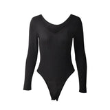 Fongt Women's Spring INS Wind Solid Color Dark V-Neck Stretch Long-Sleeve Top Bottom