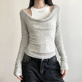 Sense Of Retro Slim Vest Stack Collar Two-Piece Blouse Woman 2023 Slim Shoulder Knitted Long-Sleeved T-Shirt-Outfit
