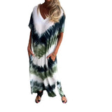 Fongt Summer New Women's Casual Loose Short-Sleeved V-Neck Open Fork Dyed Long Dress