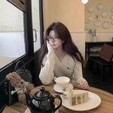 Fongt Soft-Gried Milk Fufuv Collar Embroidered Jab Sweater In Autumn And Winter Loose Lazy Knitting Top
