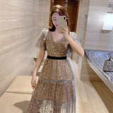 2022 New Arrive Summer Short Sleeve Sequin Midi Dress Sexy V-Neck High Quality Runway Long Dresses