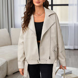 Fongt Autumn Dress Wash PU Leather Lapel Loose Large Version Leather Coat Female Jacket-Outfit