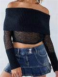 Sexy Women Knitted See Through Sweaters Crop Tops Off Shoulder Solid Long Sleeve Cropped Pullovers Slash Neck Jumpers-Outfit