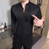Tuxedo Shirts Front Pleated Small Stand Collar Solid Long Sleeve Blouse Male Gentleman Party Wedding Dress Slim Fit