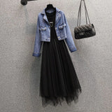 Women Autumn Two Piece Set Korean Casual Long Sleeve Denim Jacket And Irregular Mesh Patchwork Dress Set