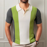 Fongt Men's Dress Summer Green Striped Knitted Jersey Over-Necked Short-Sleeved POLO Shirt T-Shirt Blouse Men's