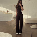 Fongt Summer New Women's Round Neck Solid Color Wide Leg Pants Temperament Commut Fashion Set