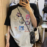 Cartoon Print Raglan Short Sleeve Tee-Outfit