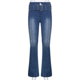 Dark Y2k Low Waist Punk Do Old Women Jeans Punk Gothic Fall Flare Denim Pants With Sashes Gothic Eyelet Patchwork