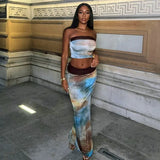 Fongt Women's Spring And Summer Breast Dye Printing Shoulder Tight High-Waisted Long Ass Skirt