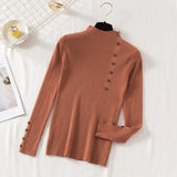 Casual Front Button Slim Knitted Sweater Long Sleeve Stand Collar Solid High Street Pullover 2021 Winter New Fashion