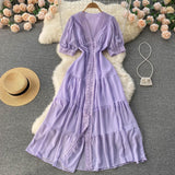 Retro Court Lace Lace V-Collar High-End Dress Waist Short-Sleeved Single-Breasted Long Skirt-Outfit