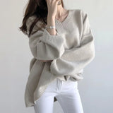 V-Neck Solid Color Loose Sweater-Outfit